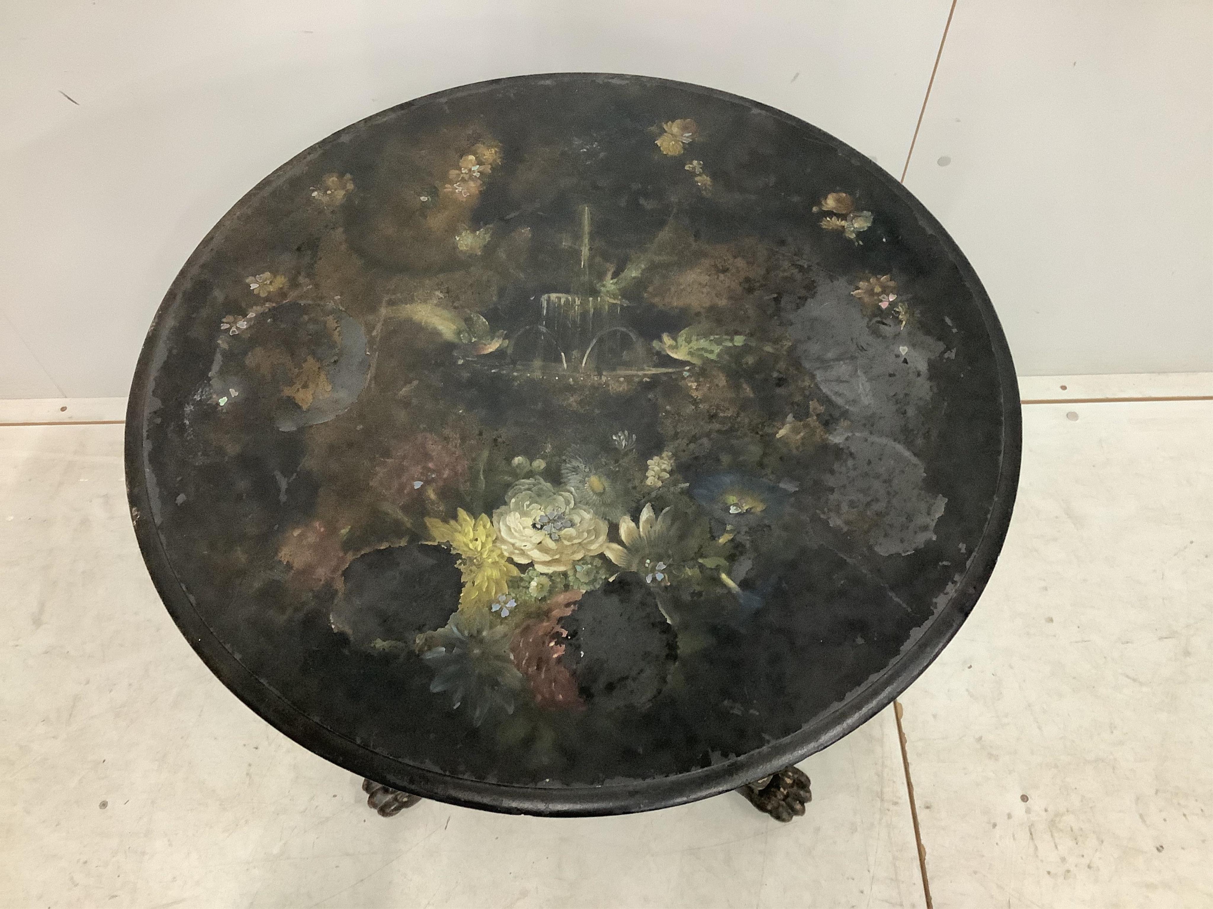 A Victorian painted and mother of pearl inlaid circular tilt top tea table, diameter 66cm, height 75cm. Condition - poor